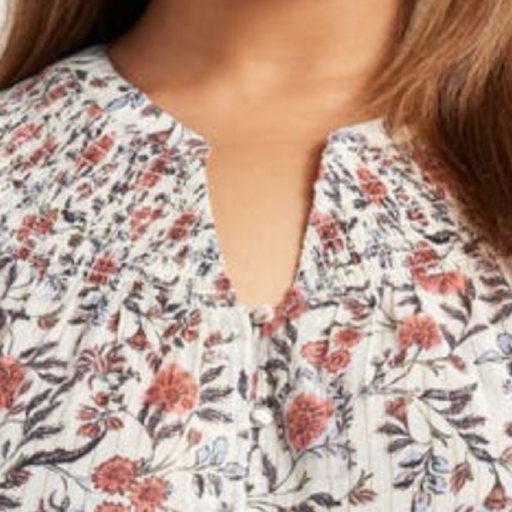 Treasure & Bond Print Smocked Yoke Button-Up Shirt, IVORY- PINK FLEURETTE, 1X/2X - Picture 8 of 9